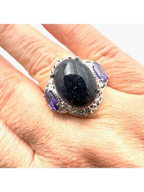 Chuck Celmency Blue Gold Stone & Amethyst Statement Ring Sterling Silver Size 9